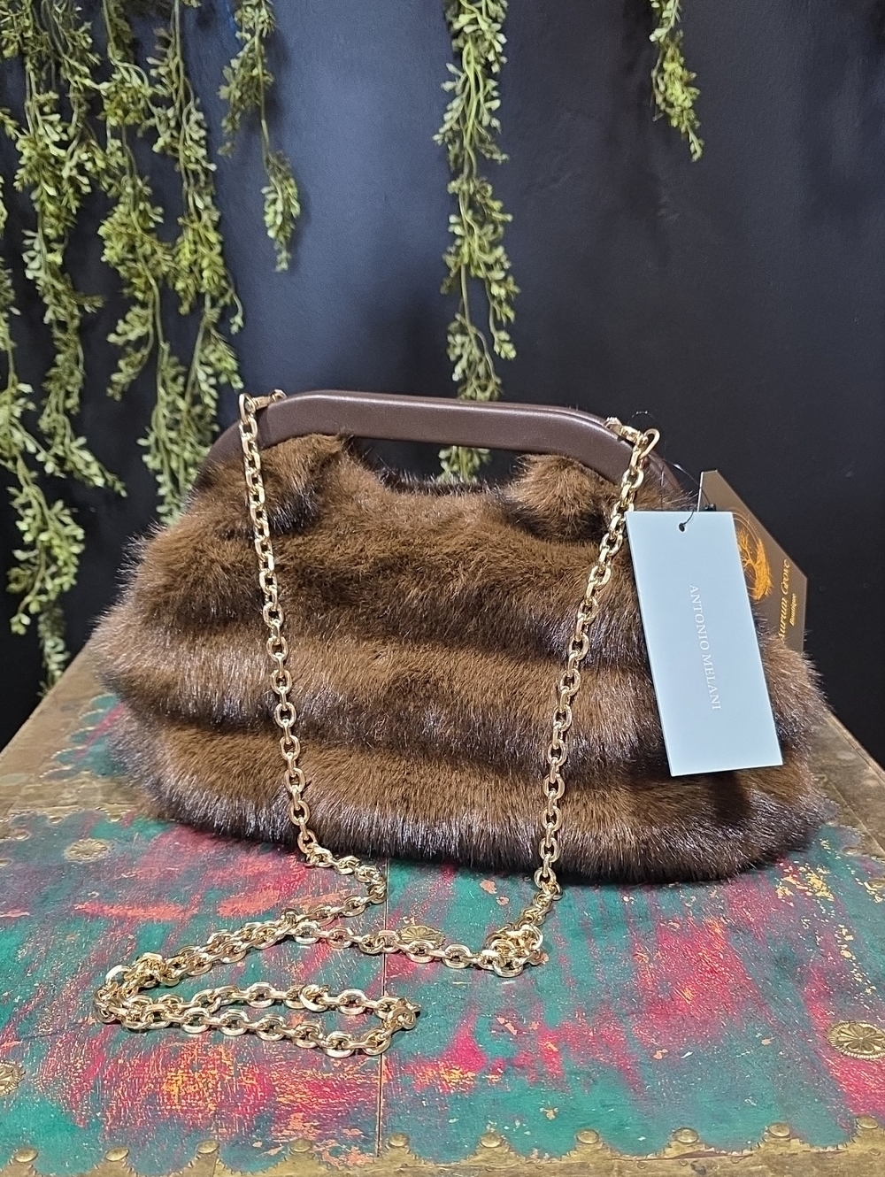 ANTONIO MELANI Brown Faux Fur Chain Shoulder Bag with Gold Chain